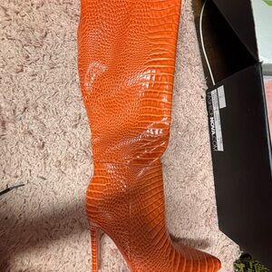 Say What? Orange Croc-Embossed Heeled Boots